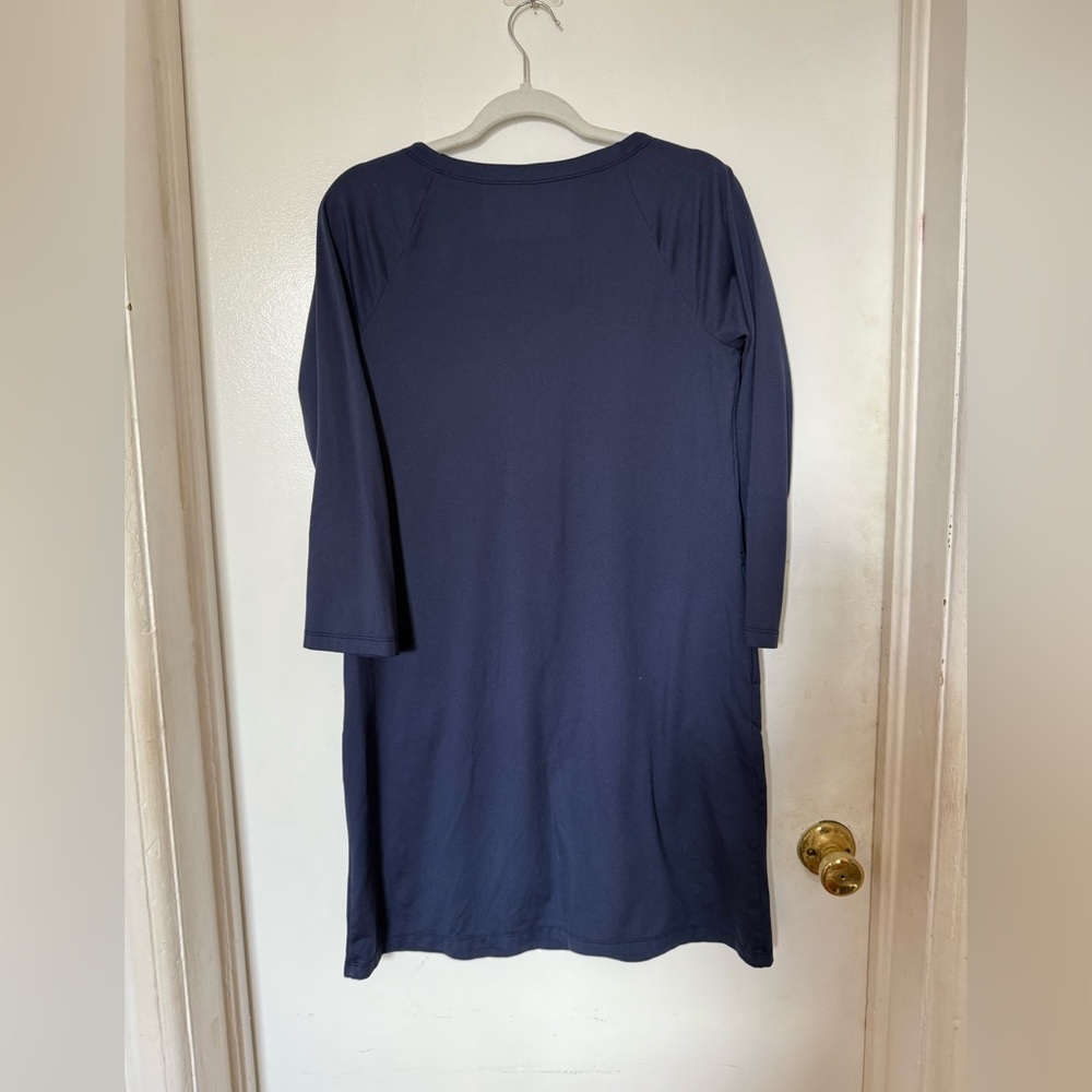 Navy Blue 3/4 Sleeve Dress with Button Accents - Picture 3 of 7